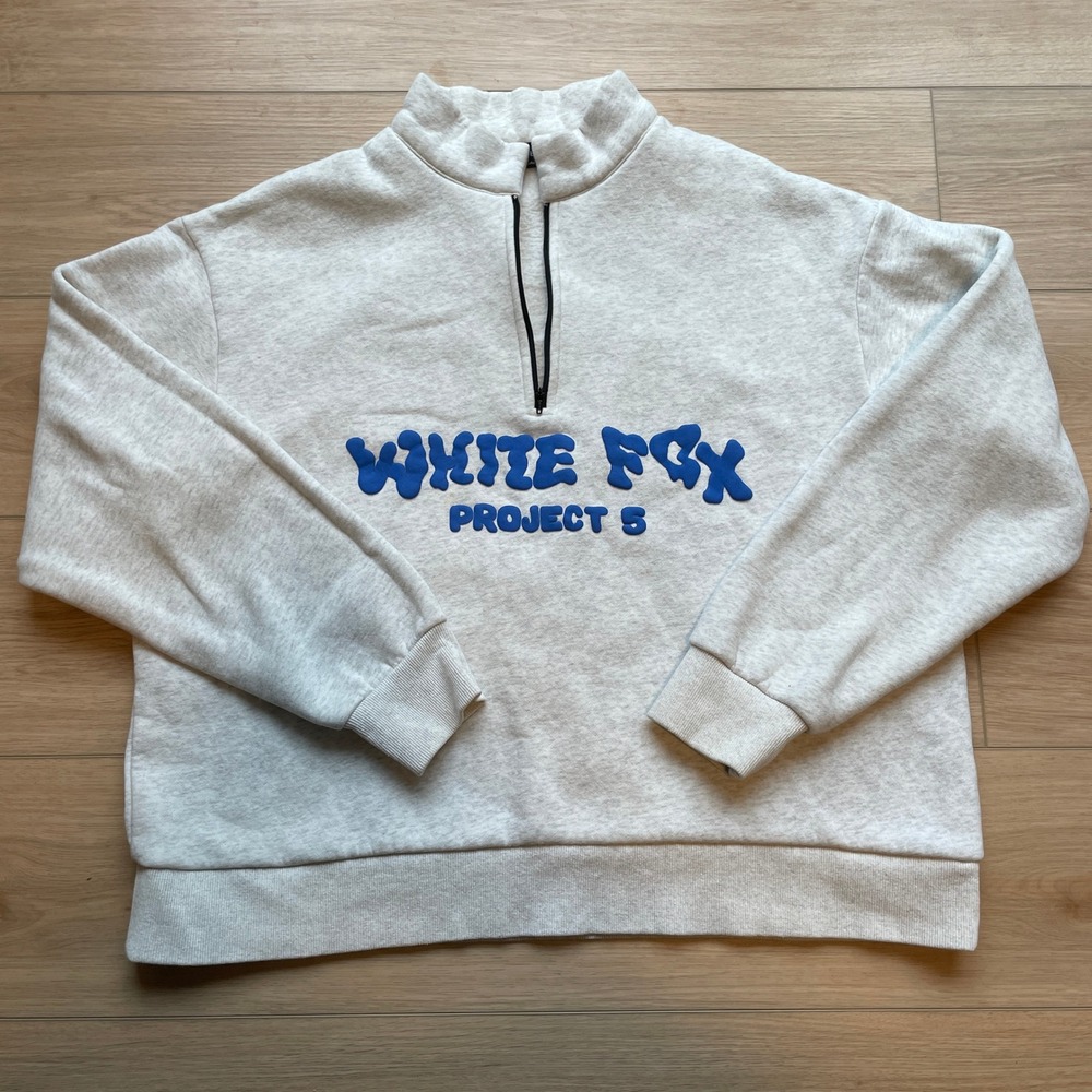 White Fox Project 5 Quarter Zip Sweatshirt Oatmeal Blue Puff Print SM